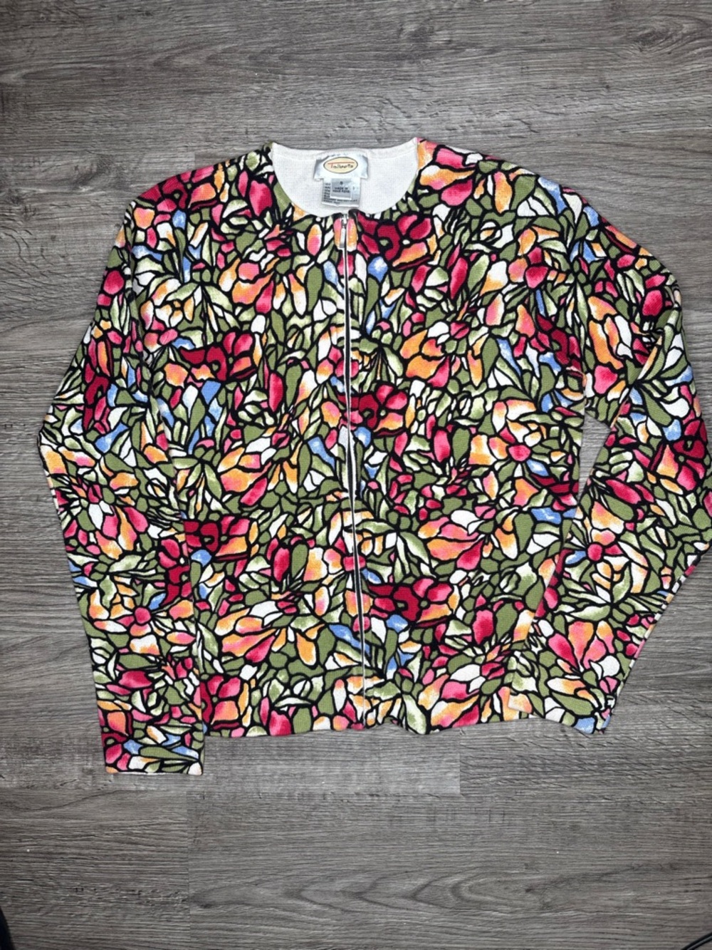 Talbots Floral Zip Knit Cardigan in Pink, Green, Orange and Blue